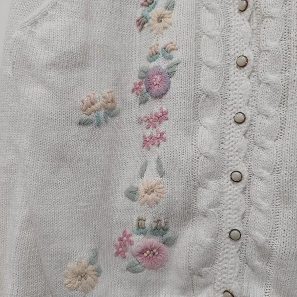 Pastel Floral Embroidered Cardigan with Pearl Buttons and Puff Sleeves Large - Picture 5 of 9